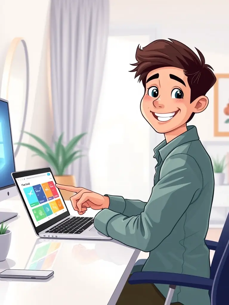 A vibrant image showcasing a person excitedly pointing at a laptop screen displaying flight deals, set in a modern, brightly lit home office environment, emphasizing the ease of finding travel bargains online.