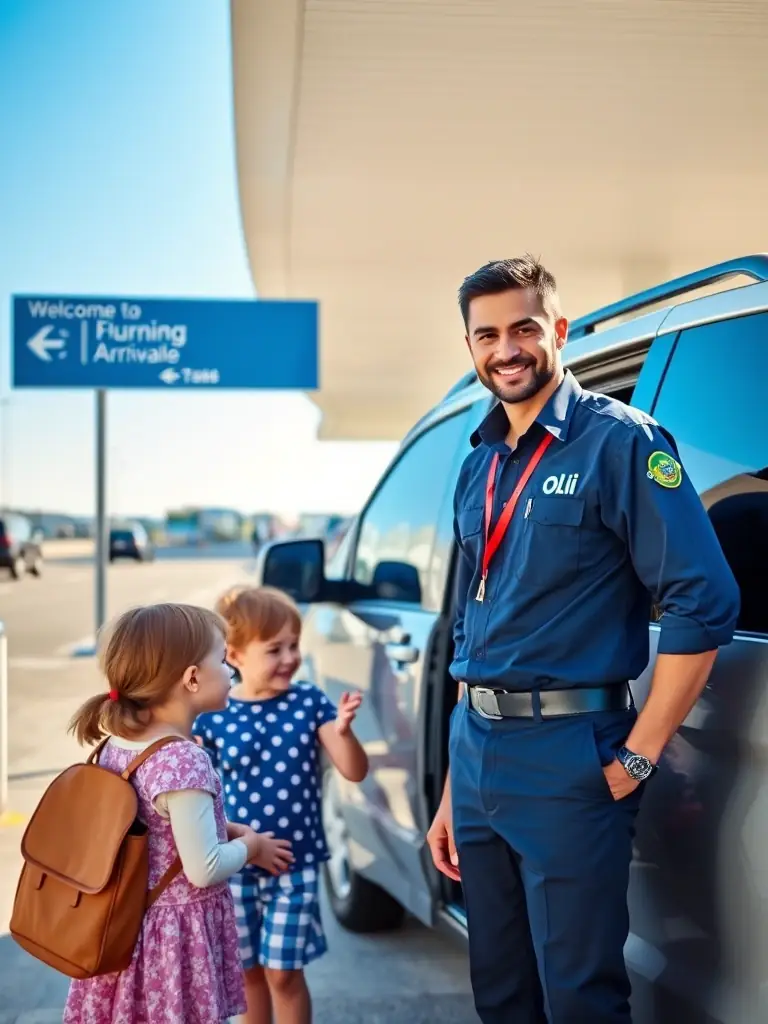 A family with young children being greeted by a friendly OliOli driver at the airport, ready for a family vacation itinerary.
