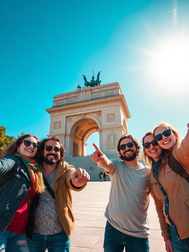 An image of a group of friends laughing and enjoying a guided tour of a historical landmark, under a sunny sky, capturing the excitement and savings associated with TravelGenius's activity deals.