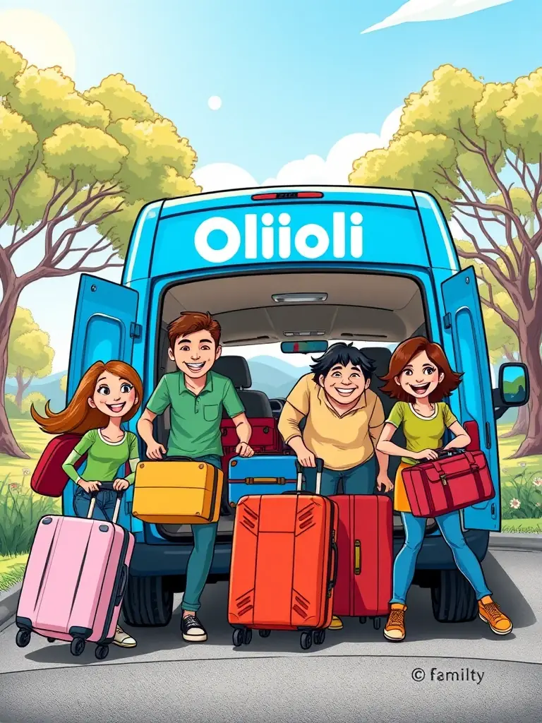 A group of friends loading luggage into a spacious van rented from OliOli, ready for a group travel itinerary.