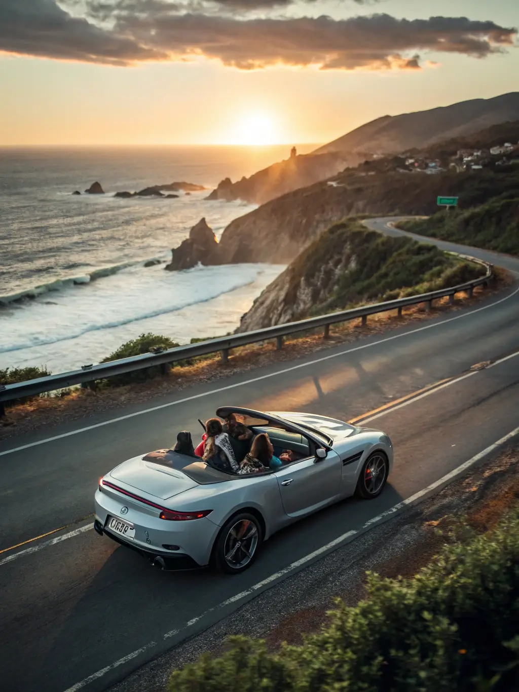 A couple enjoying a scenic drive in a convertible rented from OliOli, ready for a romantic getaway itinerary.