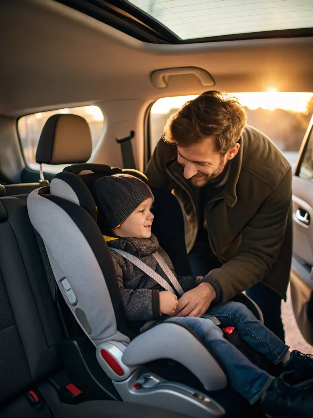 A parent securing a child in a properly installed child seat inside a rental car.