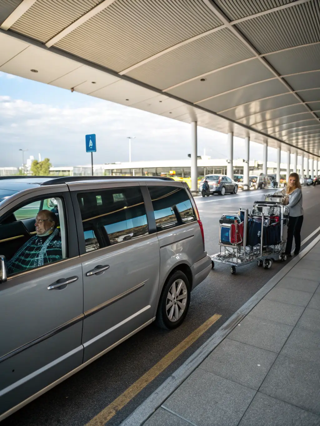 A clean and well-maintained minivan parked at an airport, showcasing ample luggage space and comfortable seating. The focus is on the vehicle's suitability for families and groups.