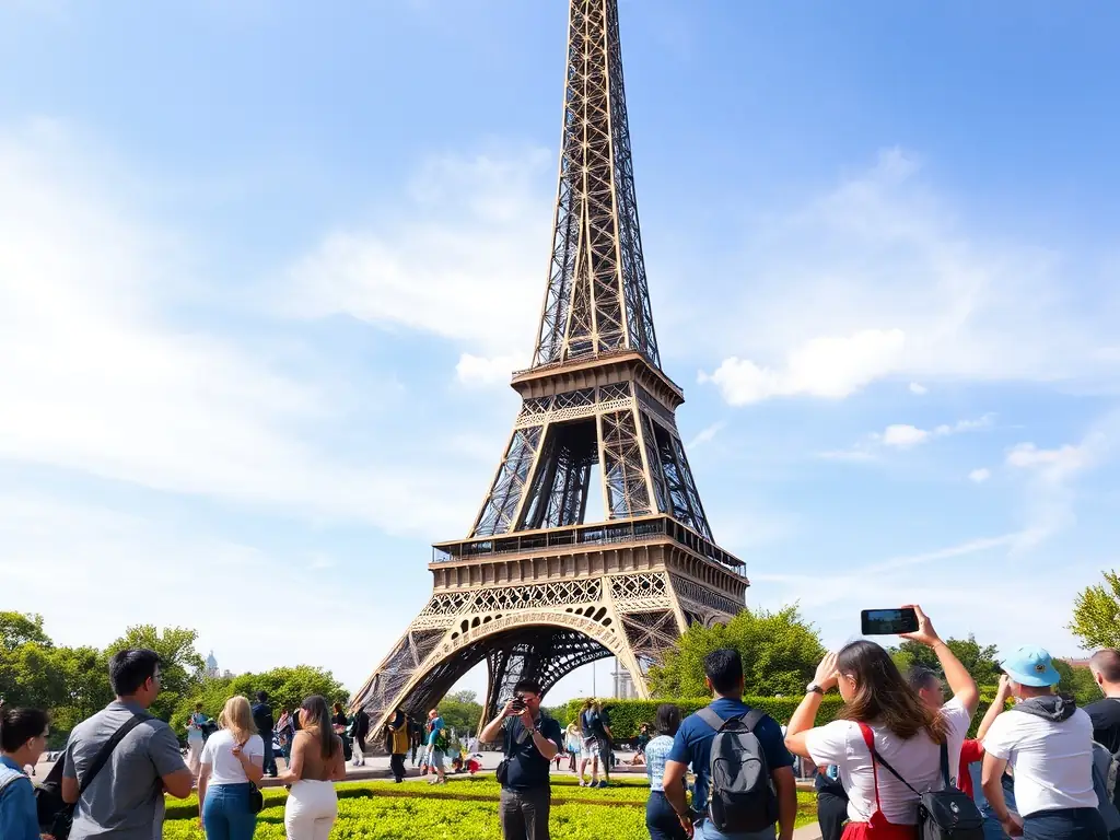 A vibrant image showcasing the Eiffel Tower in Paris, with tourists enjoying a sunny day, capturing the essence of European travel.