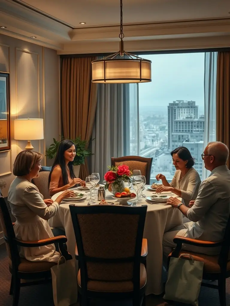 A cozy image of a family happily checking into a beautifully designed hotel room, with soft lighting and a welcoming atmosphere, highlighting the comfort and affordability of TravelGenius's accommodation deals.
