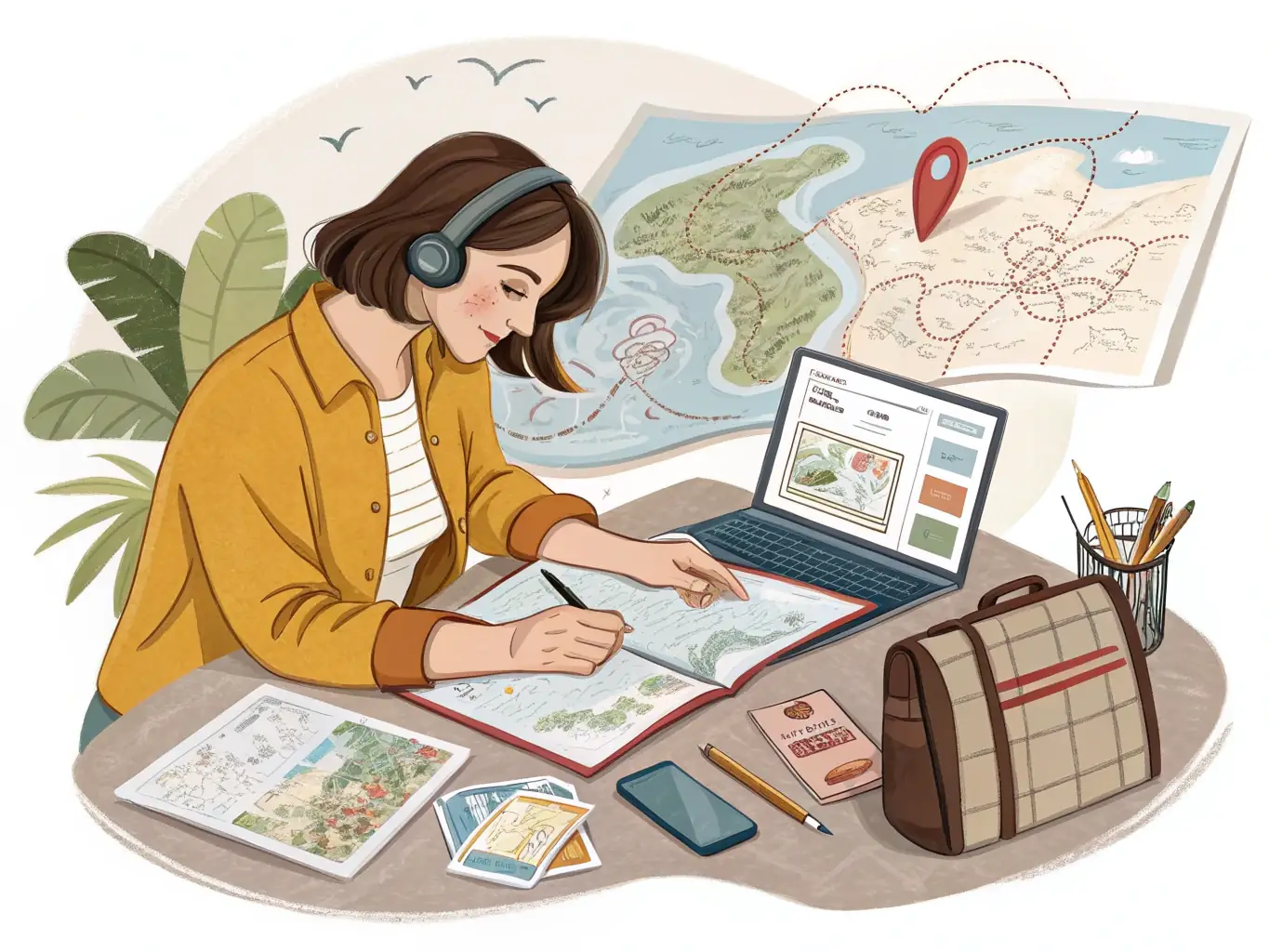 A traveler meticulously planning their budget using a spreadsheet on a laptop, with travel brochures and a world map in the background, symbolizing financial preparation for a trip.