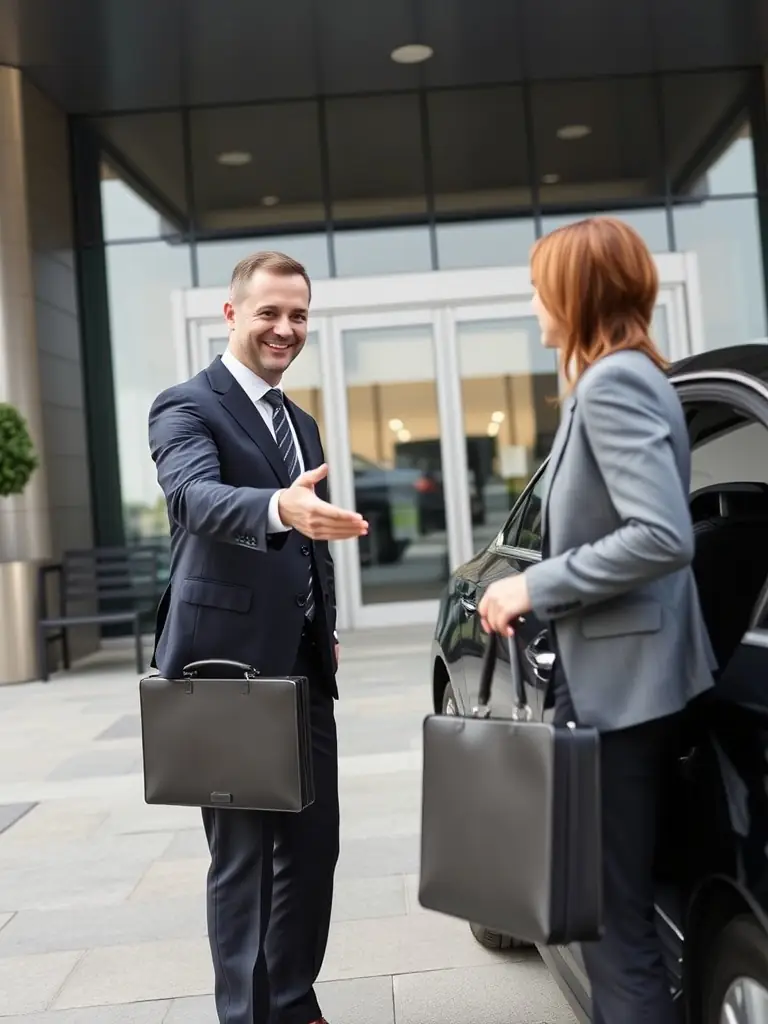 A business traveler stepping out of a sleek sedan provided by OliOli, ready for a business trip itinerary.