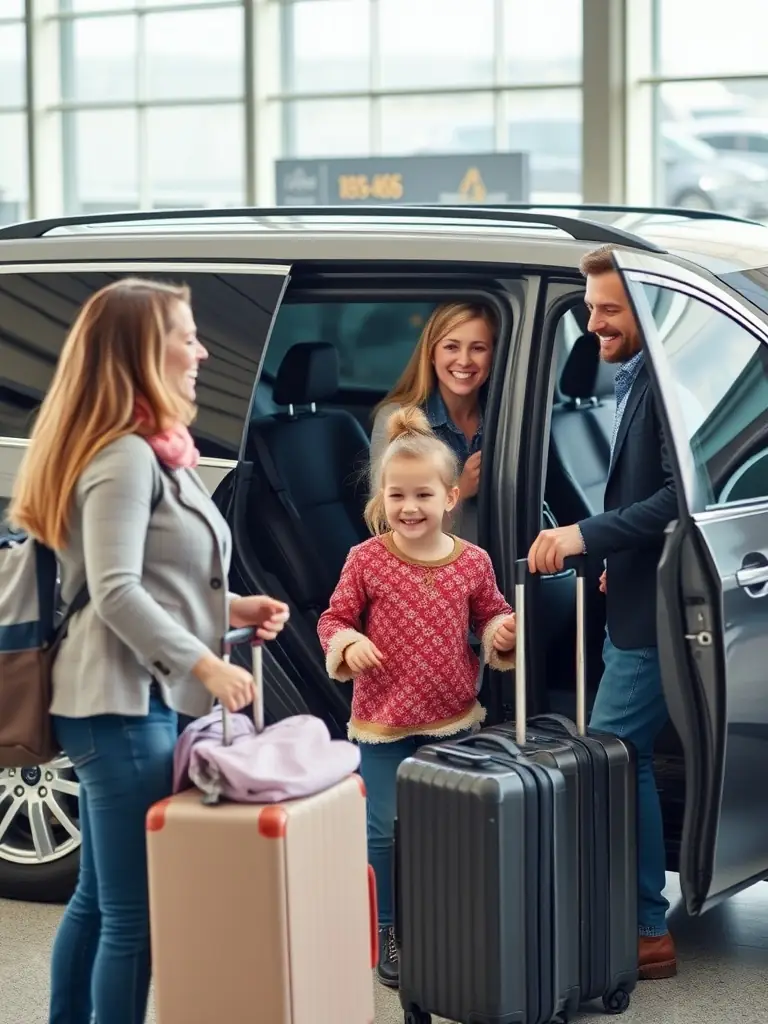 A family of four exiting an airport terminal, greeted by a friendly OliOli Service Group driver holding a sign with their name. The scene is bright and welcoming, emphasizing the ease of airport pick-up.