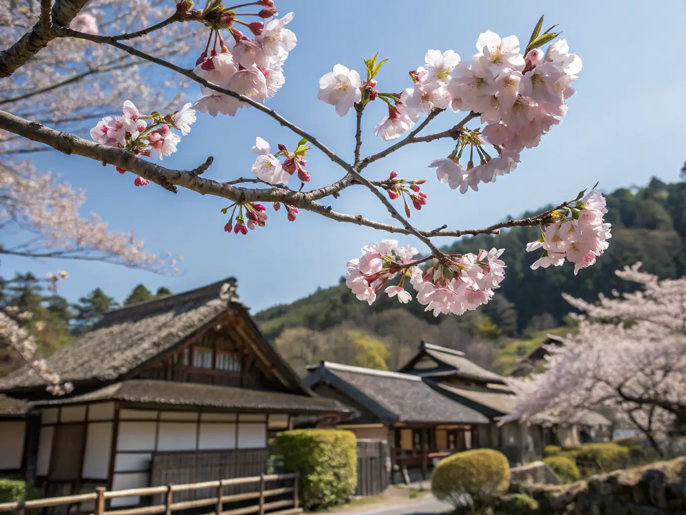 A serene image of cherry blossoms in Kyoto, Japan, with traditional temples in the background, evoking tranquility and cultural richness.