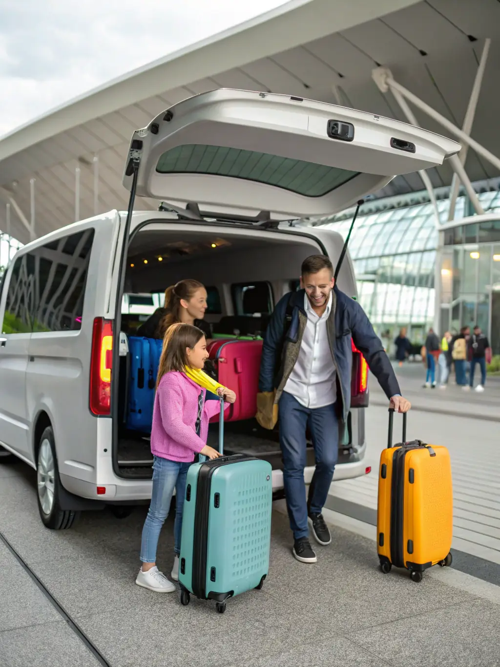A family happily exiting an airport terminal with luggage, greeted by a friendly driver holding a sign with their name.