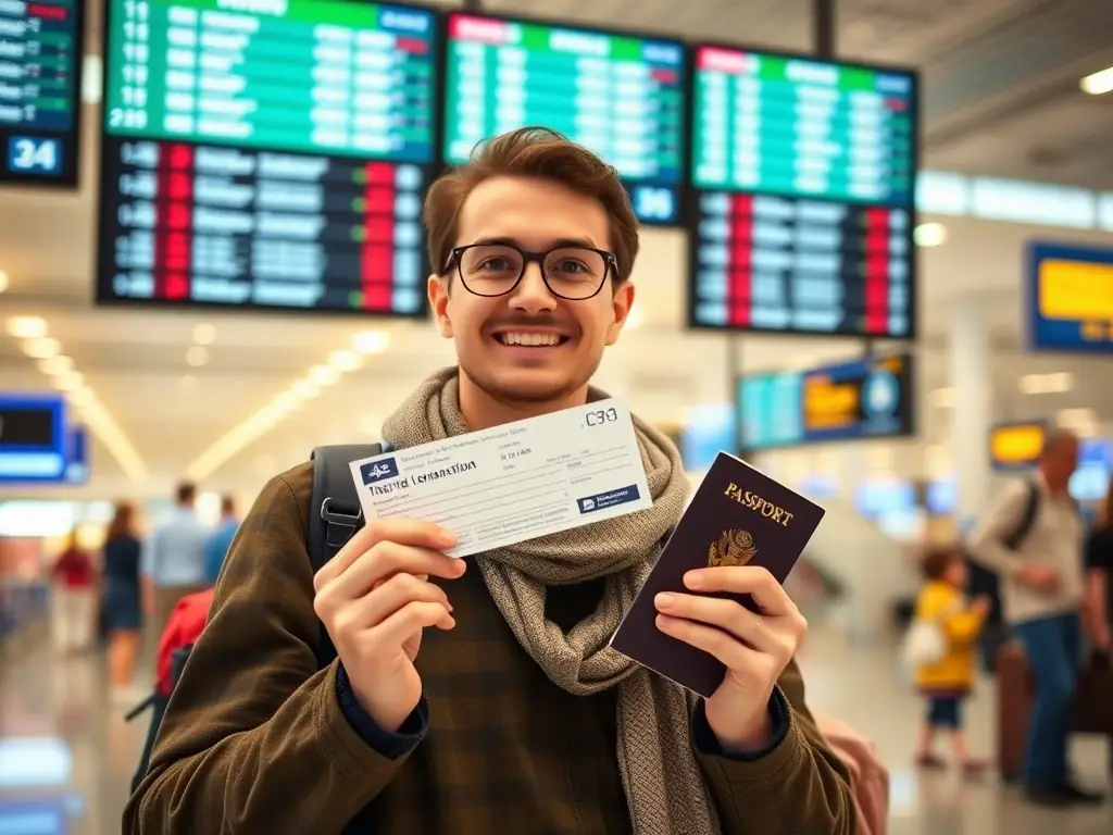 A person holding a passport and boarding pass at an airport, with a plane taking off in the background, representing the booking and travel arrangements phase.
